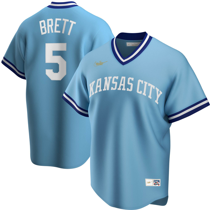 2020 MLB Men Kansas City Royals 5 George Brett Nike Light Blue Road Cooperstown Collection Player Jersey 1